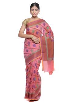 Pink woven art silk saree with blouse