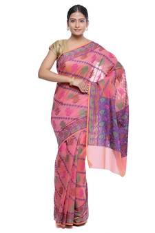 Pink woven art silk saree with blouse