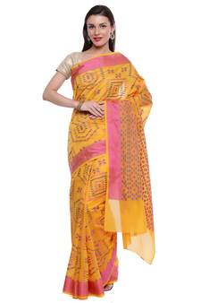 Yellow woven art silk saree with blouse