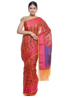Pink woven art silk saree with blouse