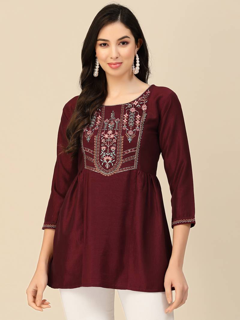 Wine Colour Girlish Casual Short Kurti For Trendy Looks