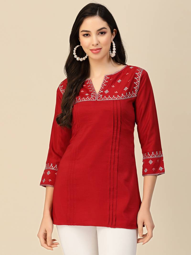 Red Colour Girlish Casual Short Kurti For Trendy Looks