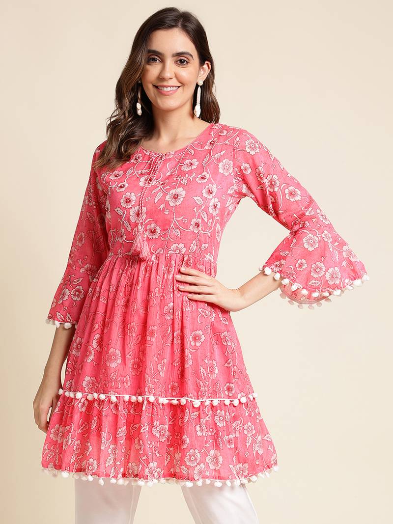 Girlish Pink Colour Floral Printed Kurti With Sequance Work And