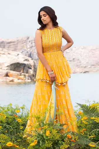 Featuring A Yellow Peplum Set With Sharara