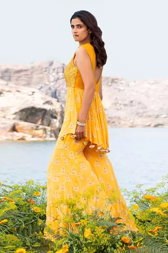 Featuring A Yellow Peplum Set With Sharara