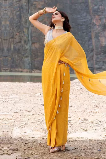 Featuring A Yellow Saare With Grey Blouse