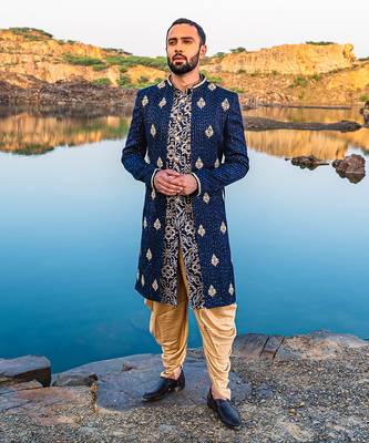 Navy Blue Coloured Indowestern With Gold Harem Pants 1
