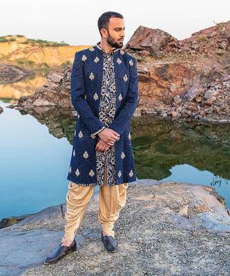 Navy Blue Coloured Indowestern With Gold Harem Pants 2