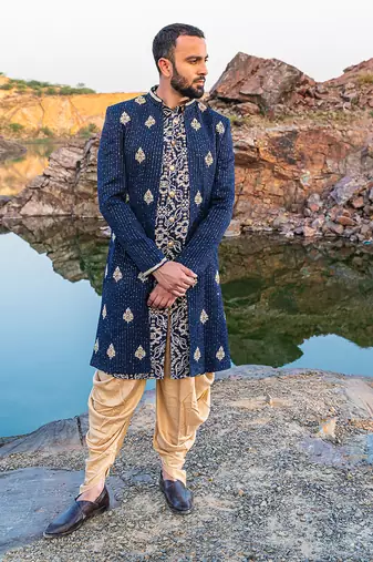 Navy Blue Coloured Indowestern With Gold Harem Pants
