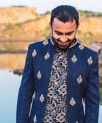 Navy Blue Coloured Indowestern With Gold Harem Pants 3