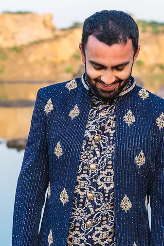 Navy Blue Coloured Indowestern With Gold Harem Pants