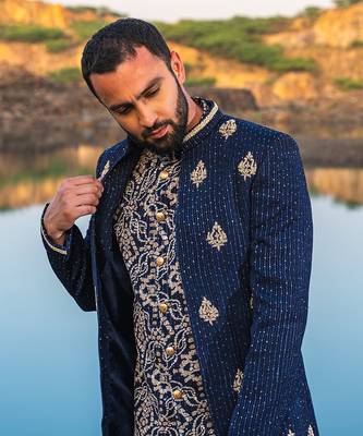 Navy Blue Coloured Indowestern With Gold Harem Pants 4