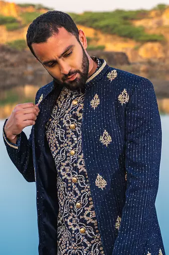 Navy Blue Coloured Indowestern With Gold Harem Pants