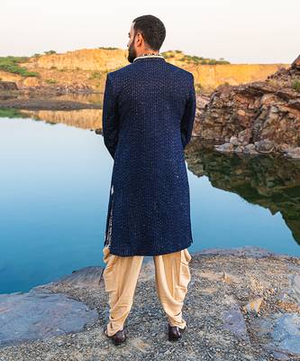 Navy Blue Coloured Indowestern With Gold Harem Pants 5
