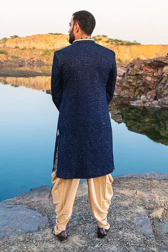 Navy Blue Coloured Indowestern With Gold Harem Pants