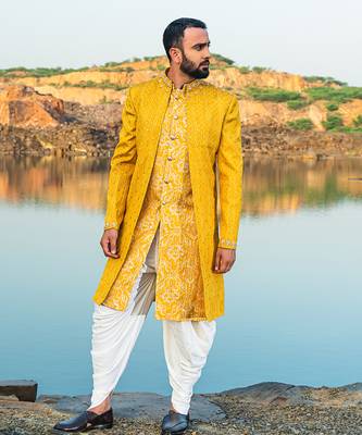 Yellow Coloured Indowestern With White Harem Pants 2