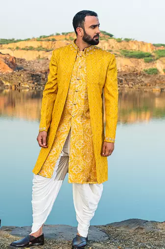 Yellow Coloured Indowestern With White Harem Pants