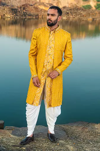 Yellow Coloured Indowestern With White Harem Pants