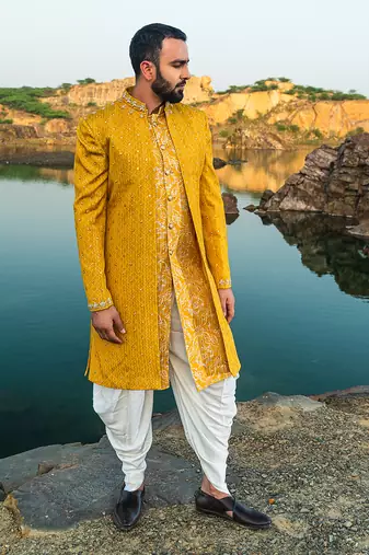 Yellow Coloured Indowestern With White Harem Pants