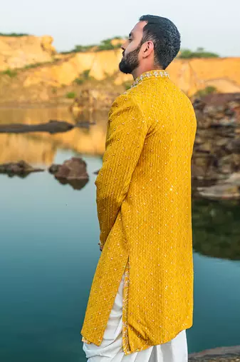 Yellow Coloured Indowestern With White Harem Pants