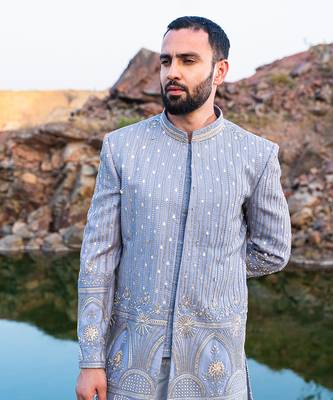 Baby Blue Coloured Indowestern With White Harem Pants 2