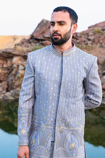 Baby Blue Coloured Indowestern With White Harem Pants