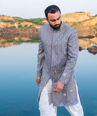 Baby Blue Coloured Indowestern With White Harem Pants 3