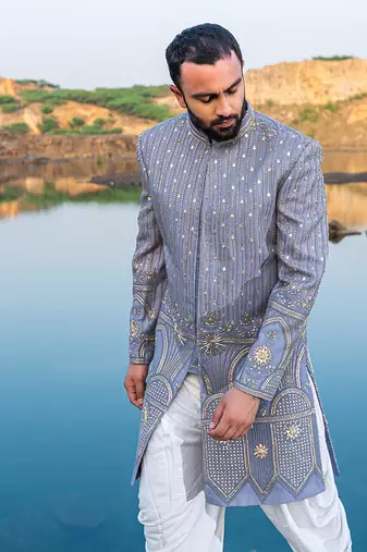 Baby Blue Coloured Indowestern With White Harem Pants