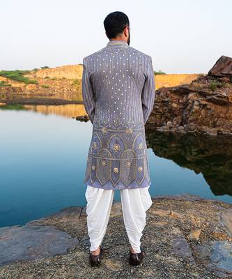Baby Blue Coloured Indowestern With White Harem Pants 4