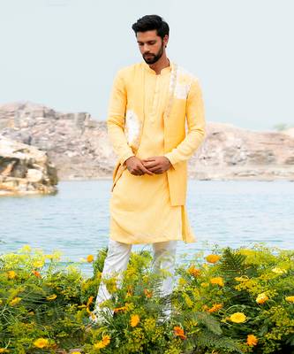 Fazal Yellow Kurta Jacket Set With Box Pants 1