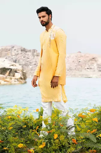 Fazal Yellow Kurta Jacket Set With Box Pants