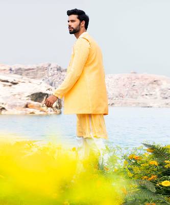 Fazal Yellow Kurta Jacket Set With Box Pants 3