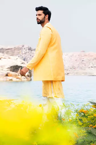 Fazal Yellow Kurta Jacket Set With Box Pants