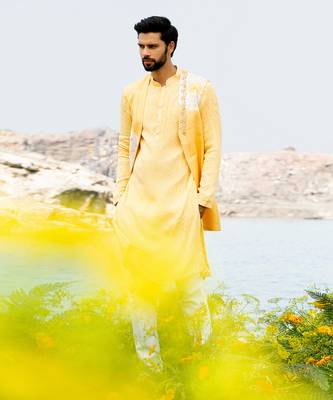 Fazal Yellow Kurta Jacket Set With Box Pants 4