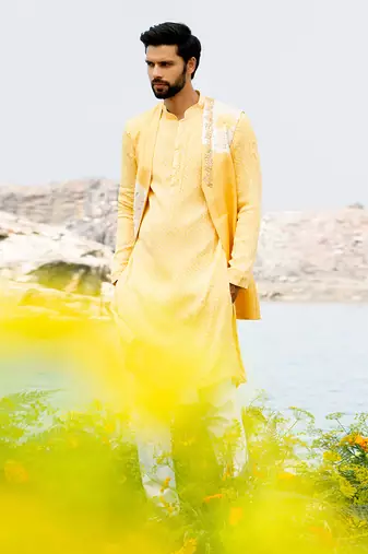 Fazal Yellow Kurta Jacket Set With Box Pants