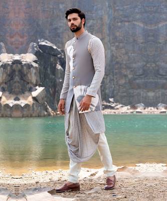 Lava Grey Coloured Kurta Jacket Set With Box Pants 1