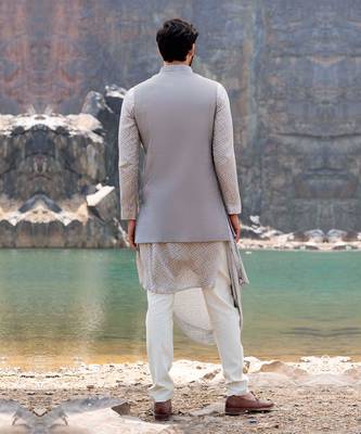 Lava Grey Coloured Kurta Jacket Set With Box Pants 2