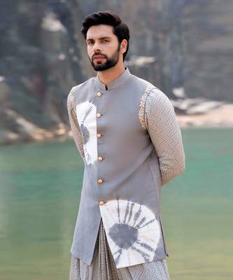 Lava Grey Coloured Kurta Jacket Set With Box Pants 3