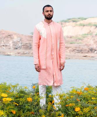 Baby Pink Kurta Jacket Set With Off White Pants 1