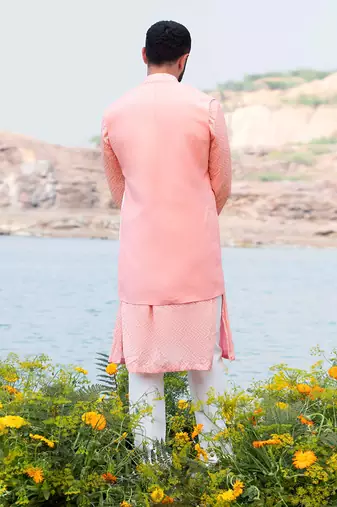 Baby Pink Kurta Jacket Set With Off White Pants