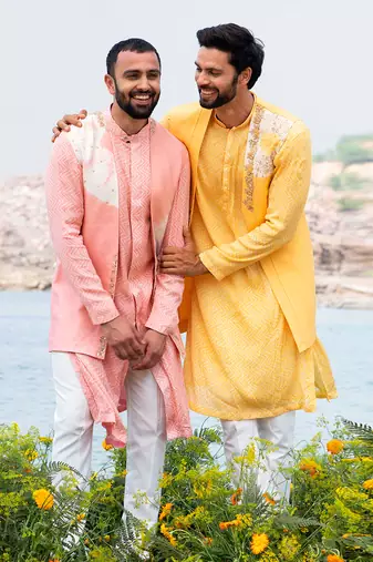 Baby Pink Kurta Jacket Set With Off White Pants