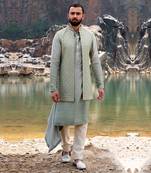 Pista Green Coloured Kurta Jacket Set With Box Pants