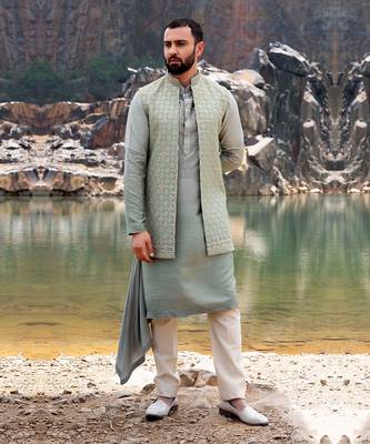 Pista Green Coloured Kurta Jacket Set With Box Pants 2