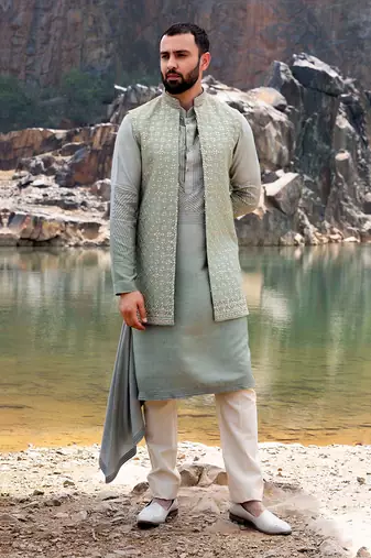 Pista Green Coloured Kurta Jacket Set With Box Pants