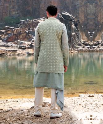 Pista Green Coloured Kurta Jacket Set With Box Pants 3