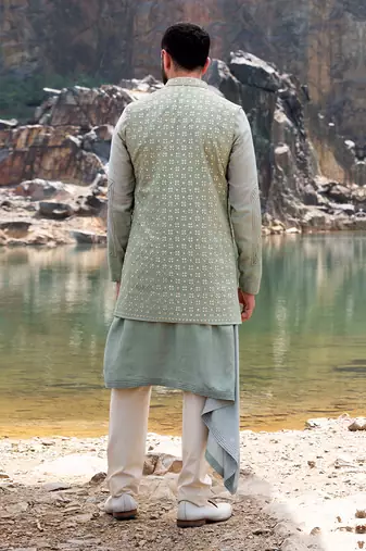 Pista Green Coloured Kurta Jacket Set With Box Pants