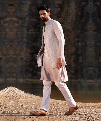 Melange Grey Kurta Jacket Set With Box Pants 1
