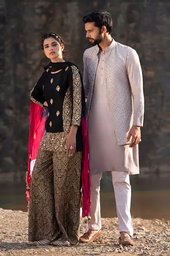 Melange Grey Kurta Jacket Set With Box Pants