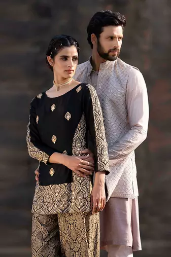 Melange Grey Kurta Jacket Set With Box Pants