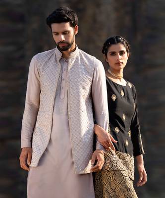 Melange Grey Kurta Jacket Set With Box Pants 4